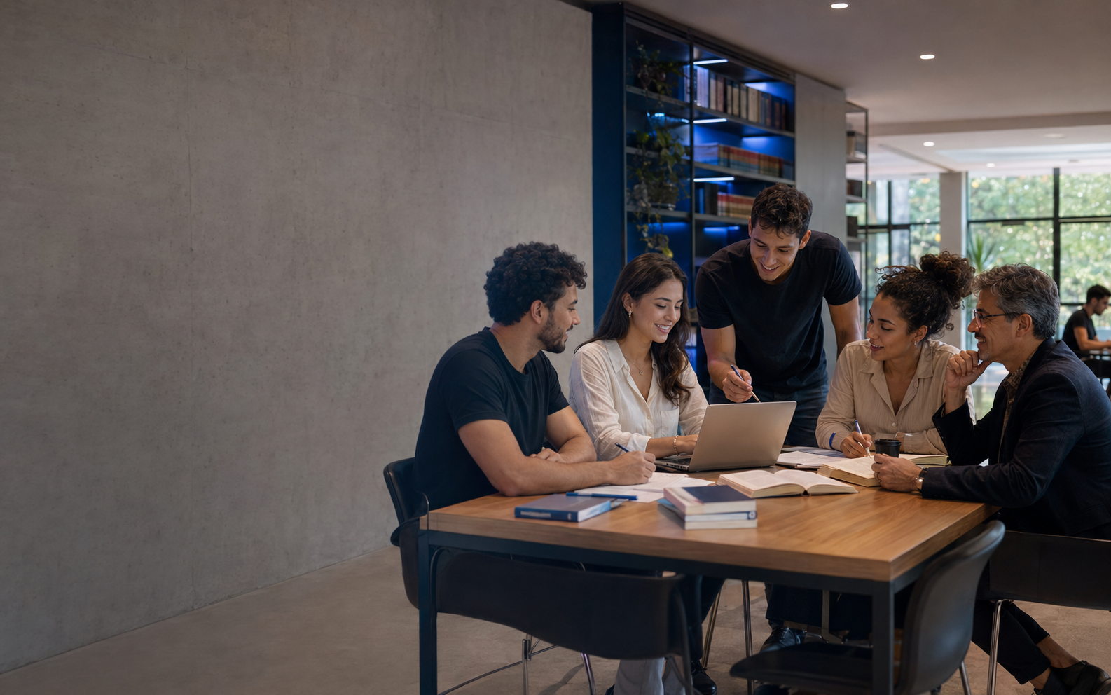 Estudantes de Direito colaborando em ambiente universitário